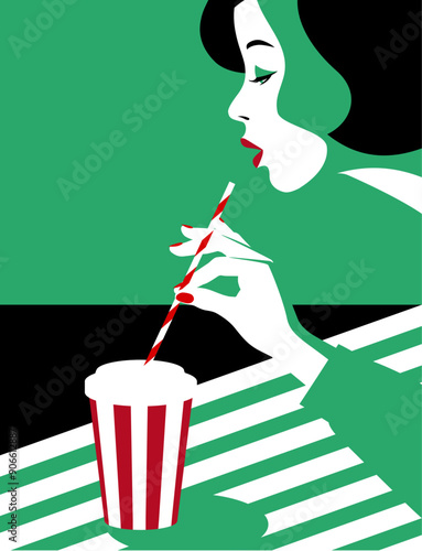 Beautiful woman with a cocktail. Summer, summer time. Theme of rest and vacation. Pop art style illustration. Vector illustration