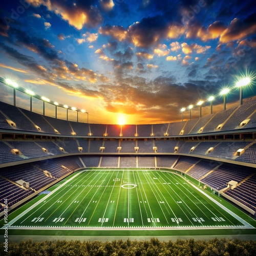 3D render image of american football stadium with green grass field and blurred fans at playground. Top view. Concept of outdoot sport, activity, football, championship, match, game space photo