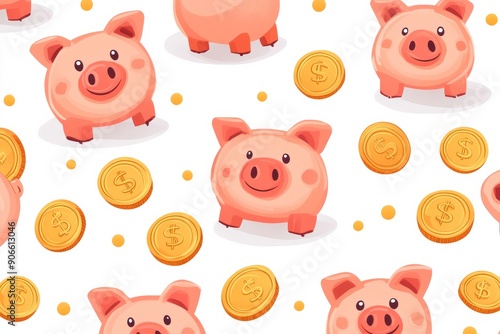 Piggy banks and coins seamless pattern.