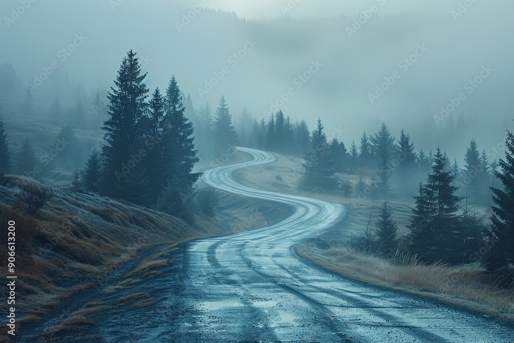 A winding road with trees in the background. The road is wet and the sky is cloudy A winding road with trees in the background. The road is wet and the sky is cloudy