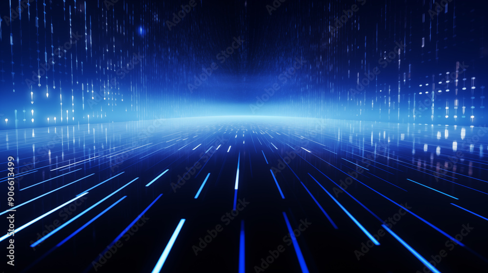 AI technology themed background binary code blue with glowing lines and stars on the horizone futuristic concept AI technology themed background binary code blue with glowing lines and stars on the horizone futuristic concept