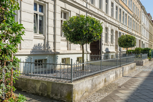 Obraz na plátně Front yard with metal fence, pebbles and cherry laurel tree in summer