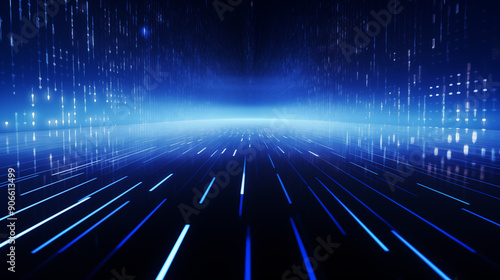 AI technology themed background binary code blue with glowing lines and stars on the horizone futuristic concept