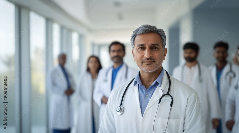 Indian male doctor standing confidently in front of a group of other doctors at a hospital, healthcare teamwork Indian male doctor standing confidently in front of a group of other doctors at a hospital, healthcare teamwork