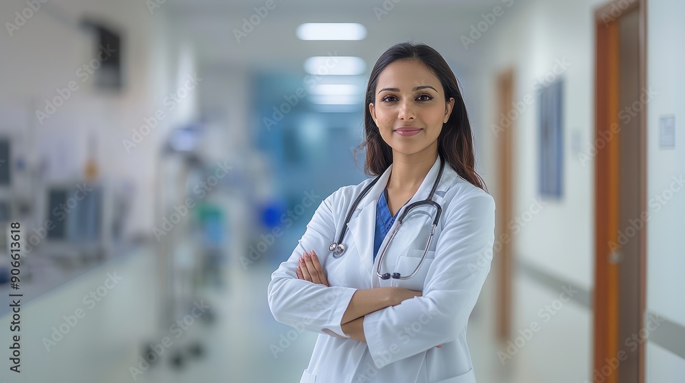 Indian female doctor standing in a hospital corridor, calm and composed, medical professional, hospital and clinic, healthcare Indian female doctor standing in a hospital corridor, calm and composed, medical professional, hospital and clinic, healthcare
