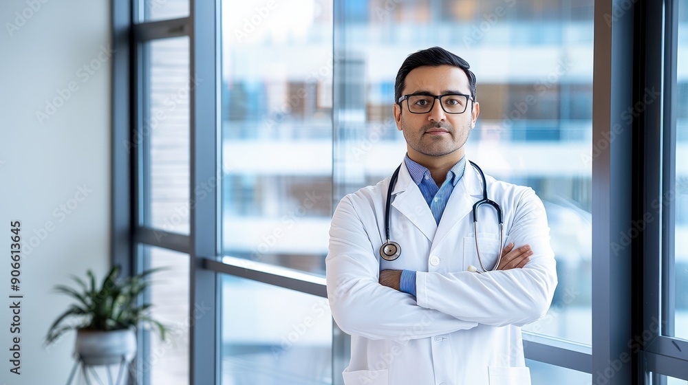 Indian male doctor standing in front of a hospital window, medical professional, hospital and clinic, healthcare Indian male doctor standing in front of a hospital window, medical professional, hospital and clinic, healthcare