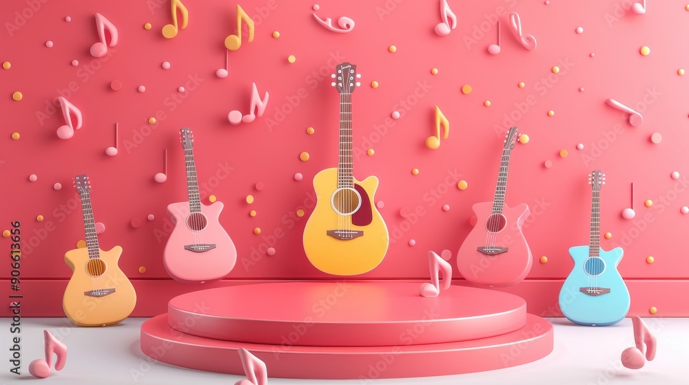A group of guitars are displayed on a stage with a pink background A group of guitars are displayed on a stage with a pink background