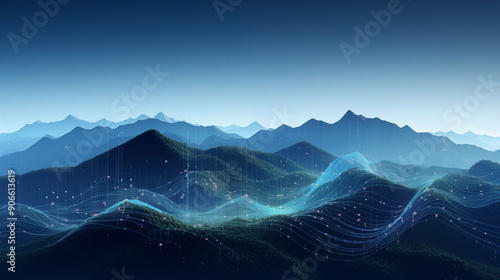 Conceptual landscape with mountains and blue neon lines with flowing data city lights backgrond futuristic design