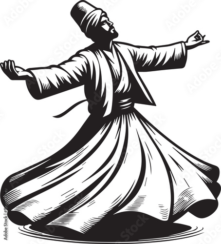 A man in a robe, with a turban, performs a dervish dance Vector Illustration Silhouette