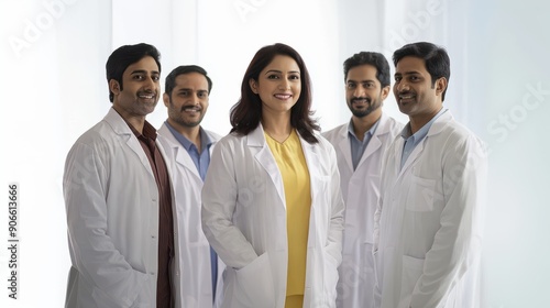 Indian female doctor standing confidently in front of a group of other doctors at a hospital, healthcare teamwork