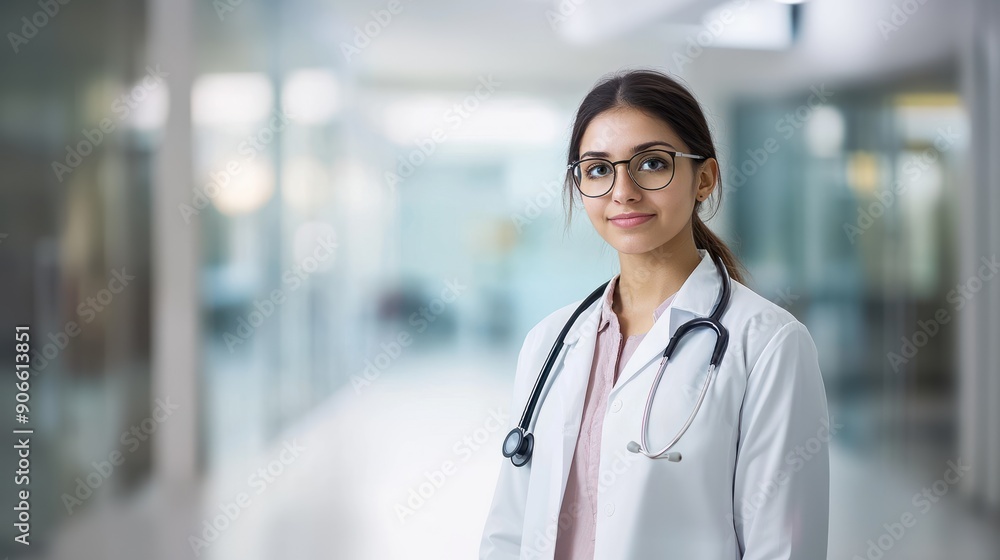 An Indian female doctor standing in a modern hospital with a stethoscope around her neck, professional and ready, hospital and clinic, healthcare setting An Indian female doctor standing in a modern hospital with a stethoscope around her neck, professional and ready, hospital and clinic, healthcare setting