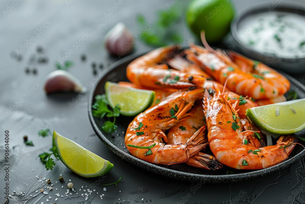 Grilled prawns served with lime, garlic and white sauce Grilled prawns served with lime, garlic and white sauce