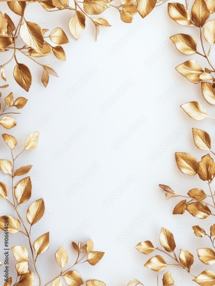 A decorative gold leaf frame sitting on a pure white background, ideal for adding elegance to any photo or design A decorative gold leaf frame sitting on a pure white background, ideal for adding elegance to any photo or design