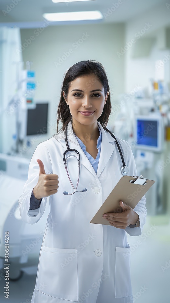 An Indian female doctor holding a medical clipboard and giving a thumbs up in a hospital room, showing approval and readiness, healthcare setting An Indian female doctor holding a medical clipboard and giving a thumbs up in a hospital room, showing approval and readiness, healthcare setting