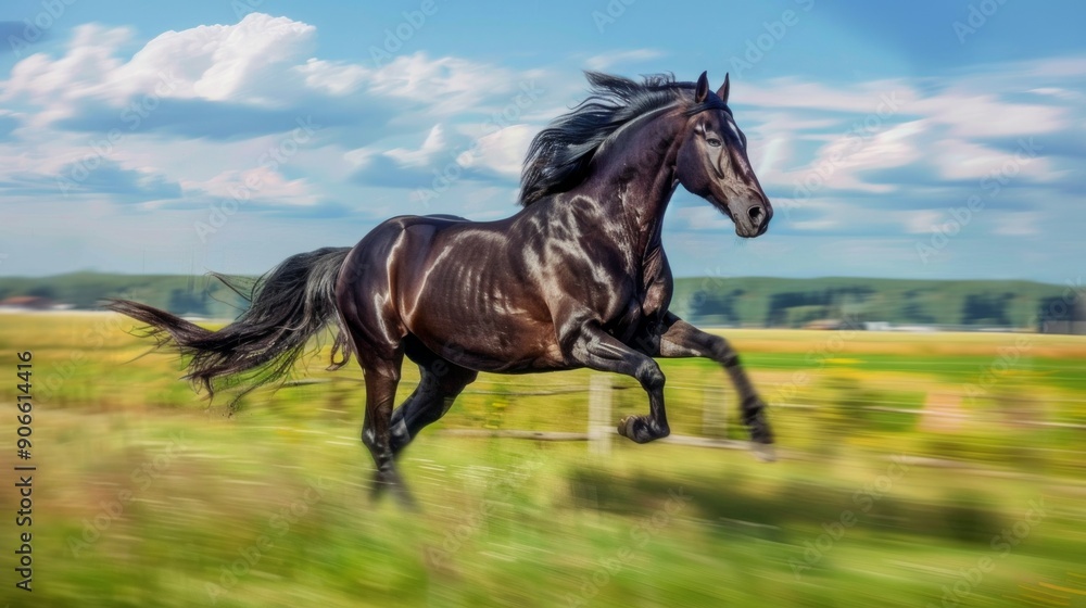 Powerful black horse galloping in a lush green field. Concept of speed, freedom, nature, horse riding, Gallop, Fast Speed, Beauty in Motion, Freeze Frame Powerful black horse galloping in a lush green field. Concept of speed, freedom, nature, horse riding, Gallop, Fast Speed, Beauty in Motion, Freeze Frame