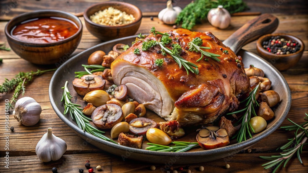 Roast pork leg, grilled pork on charcoal, sauce, mushrooms, seasonings, garlic, thyme and rosemary, on a plate, beautiful presentation of the dish in the restaurant, table setting