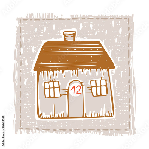 Whimsical Advent Calendar cottage door with numbers for december festive Christmas countdown . Winter holiday social media promotion campaign festive sales and cute hand drawn festive home card design