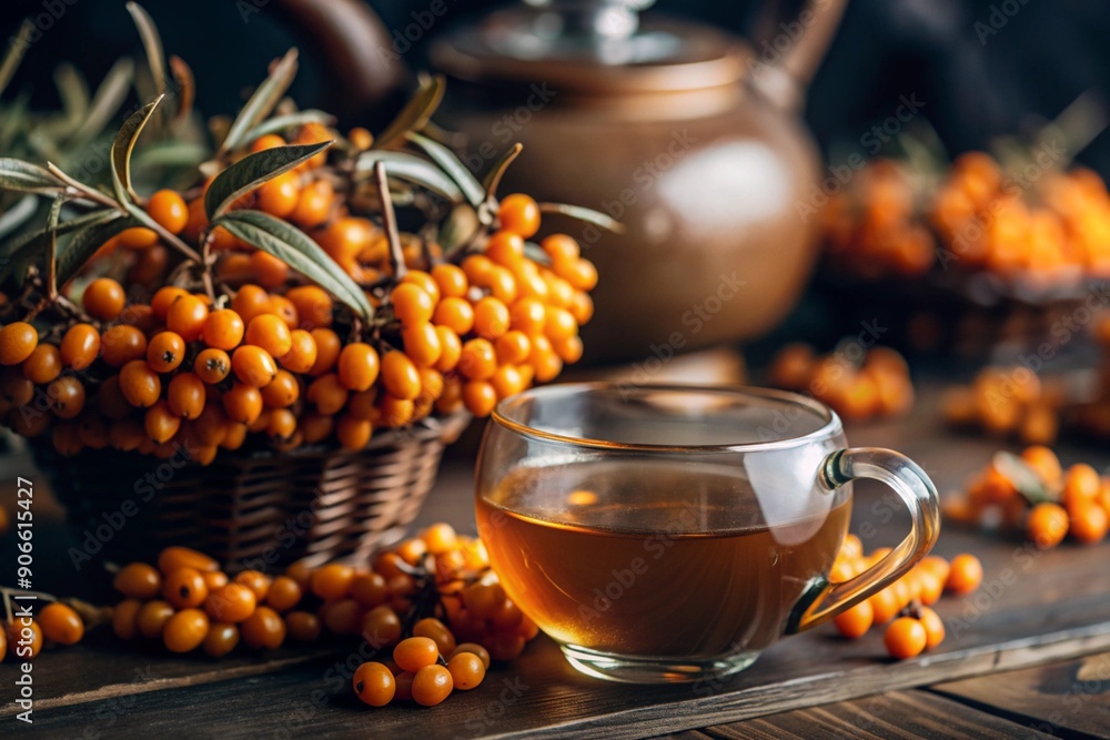 A healthy, ripe sea buckthorn berry in close-up. Vitamin, orange, autumn, seasonal tea made from sea buckthorn berries on a dark background. Berry tea for the immune system. A healthy, ripe sea buckthorn berry in close-up. Vitamin, orange, autumn, seasonal tea made from sea buckthorn berries on a dark background. Berry tea for the immune system.