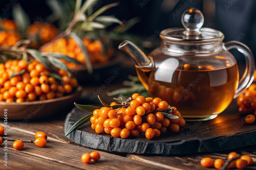 A healthy, ripe sea buckthorn berry in close-up. Vitamin, orange, autumn, seasonal tea made from sea buckthorn berries on a dark background. Berry tea for the immune system. A healthy, ripe sea buckthorn berry in close-up. Vitamin, orange, autumn, seasonal tea made from sea buckthorn berries on a dark background. Berry tea for the immune system.
