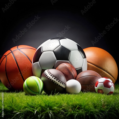 Many different sports balls on green grass against black background, space for text