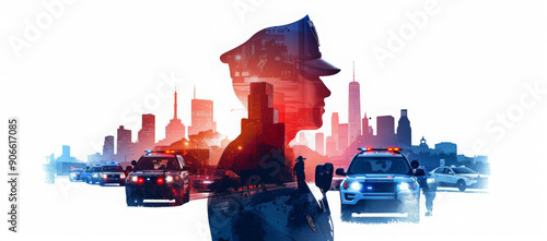 Digital illustration depicting a police officer in silhouette against a vibrant city skyline, with police cars in the foreground photo