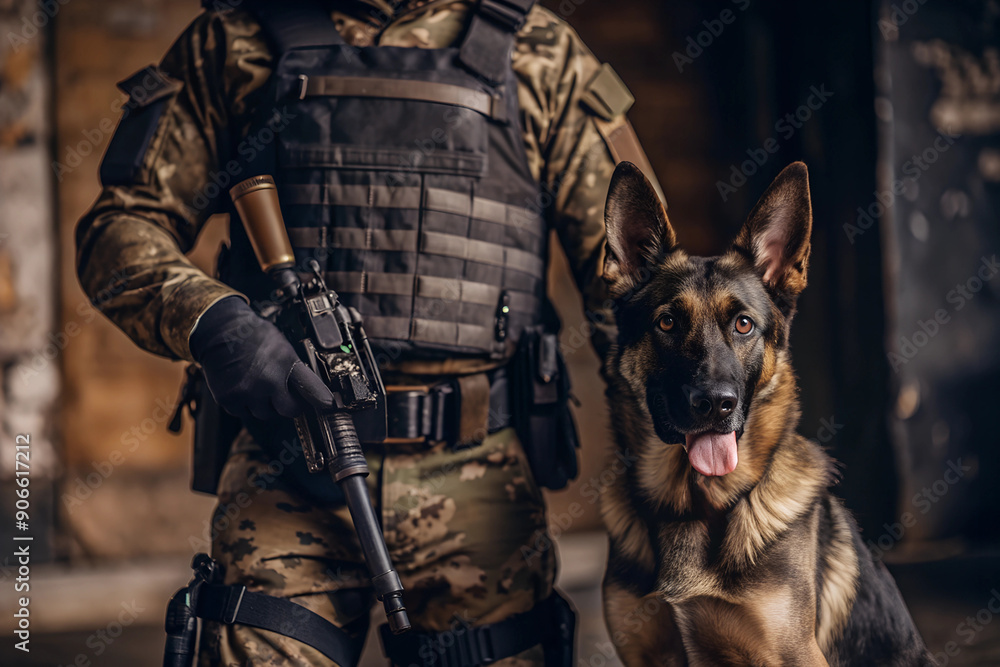 Obraz premium German Shepherd next to a military soldier during a combat mission
