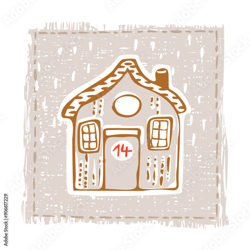 Whimsical Advent Calendar cottage door with numbers for december festive Christmas countdown . Winter holiday social media promotion campaign festive sales and cute hand drawn festive home card design