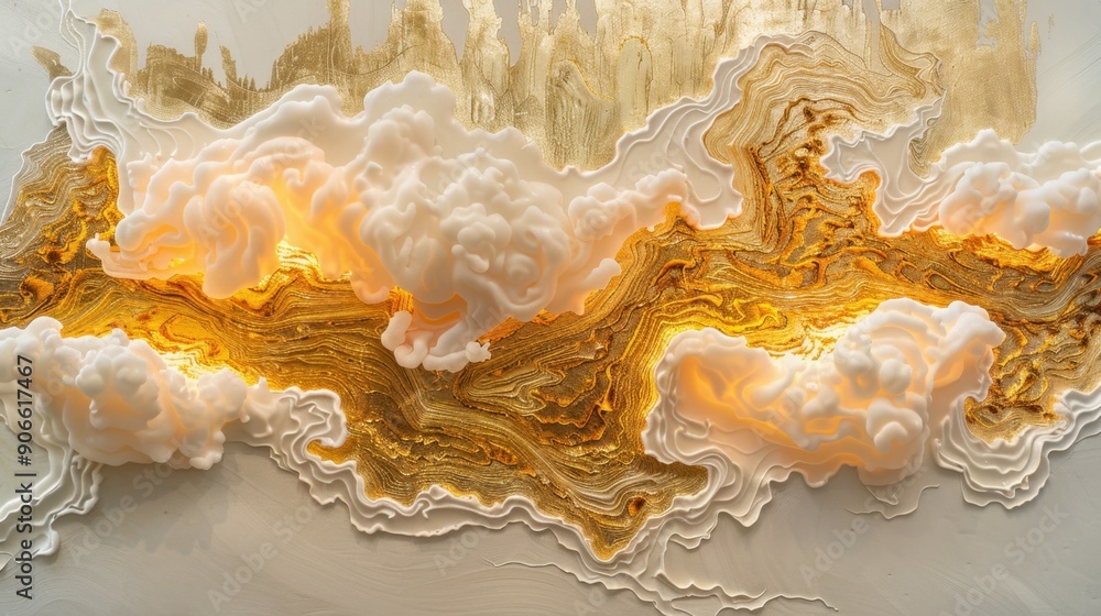 Abstract art piece with golden and white cloud-like formations, creating a textured and illuminated visual effect. Abstract art piece with golden and white cloud-like formations, creating a textured and illuminated visual effect.