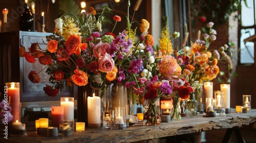 candles and flowers, Elegant flower decoration for celebration, wedding, event or birthday party.
