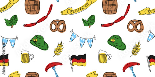 Oktoberfest beer festival hand drawn doodle set doodle seamless patter. Germany icon doodle set. Cartoon minimalistic elements for prints, wrapping paper, fabric, etc.