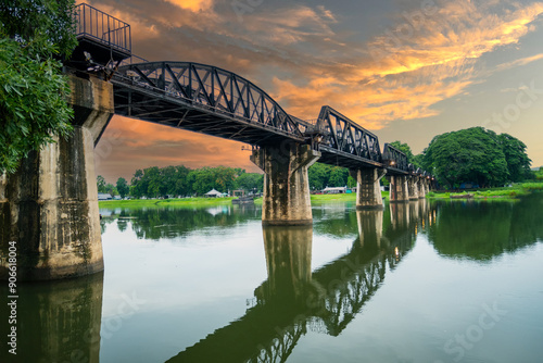 Beautiful landscape of Bridge River Kwai at Kanchanaburi, Thailand in morning time. Is a famous place and a tourist destination photo