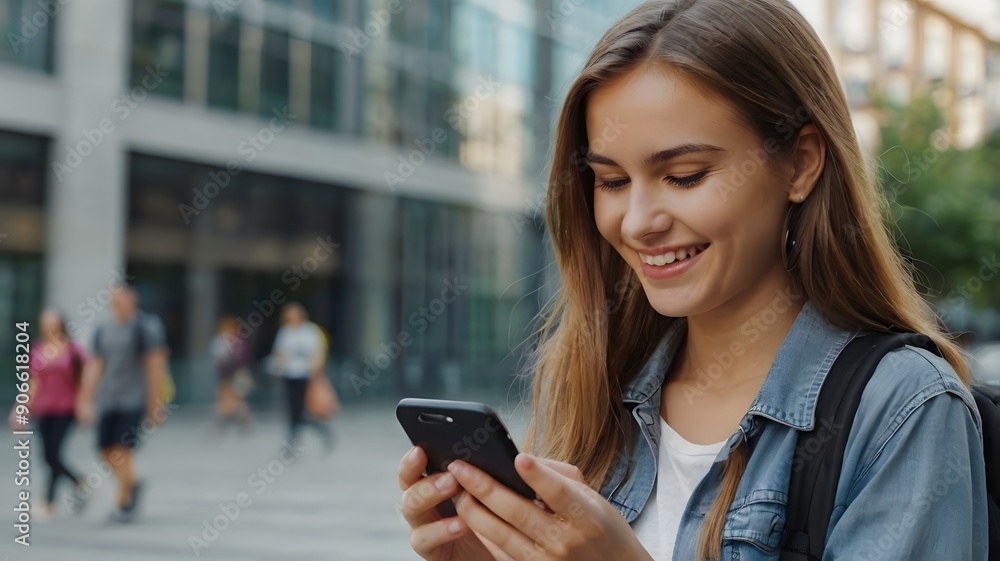 Young Woman Smiles While Texting on Smartphone in a City Park During Daytime Young Woman Smiles While Texting on Smartphone in a City Park During Daytime