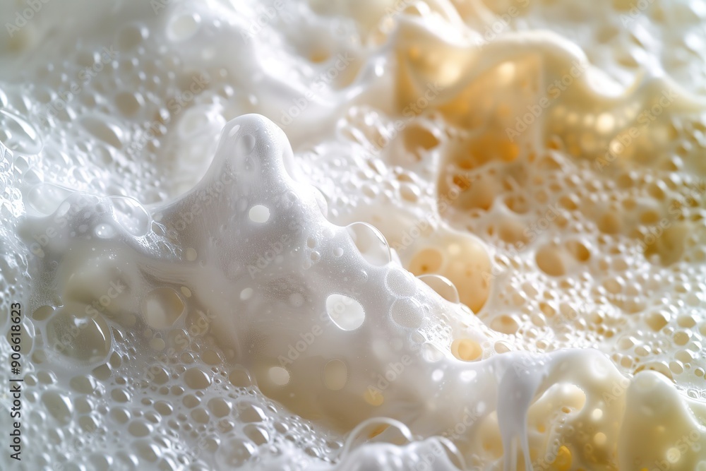 Foamy texture with bubbles in creamy tones, close-up shot. Foamy texture with bubbles in creamy tones, close-up shot.