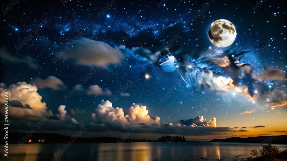 Night sky with moon, stars and clouds over a calm lake. Night sky with moon, stars and clouds over a calm lake.