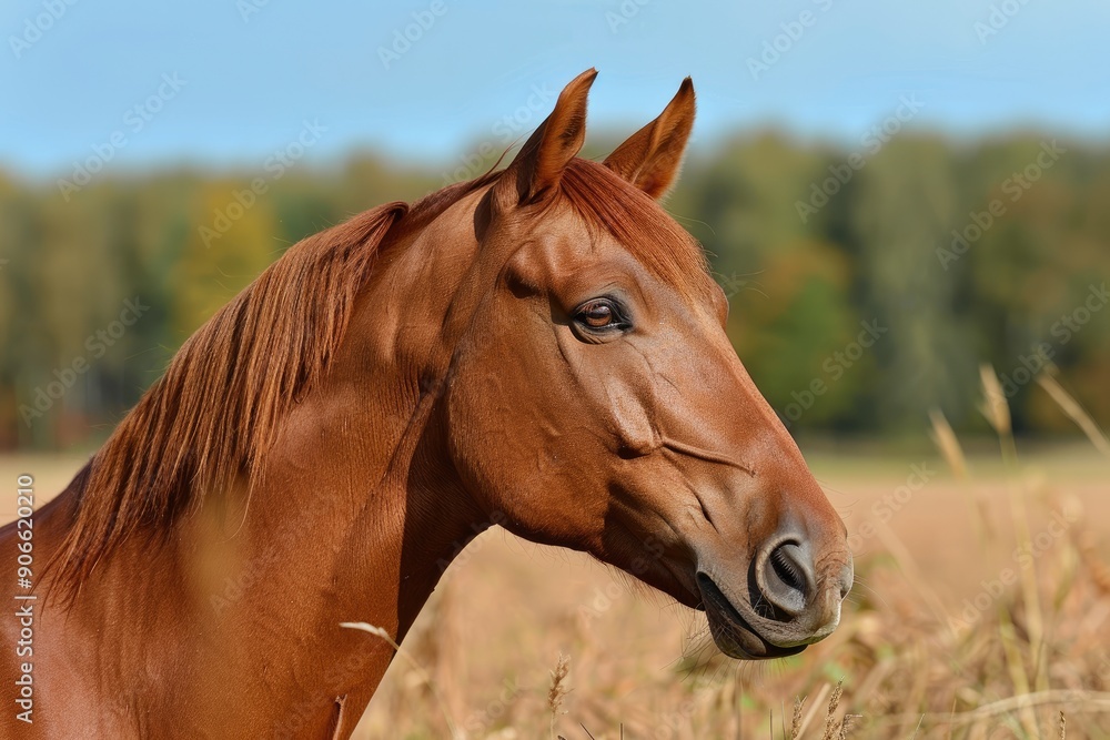 Obraz premium A brown horse with a white spot on its face is standing in a field. The horse's head is turned to the right, and it is looking at the camera. The image has a peaceful and serene mood