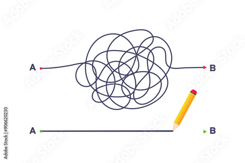 Complex and easy simple way from point A to B vector illustration. Chaos simplifying, problem solving and business solution searching challenge concept. Hand drawn doodle scribble chaos path lines.