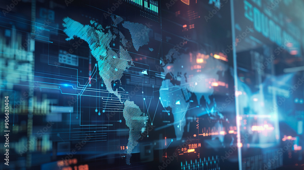 A futuristic screen shows a global map with a modern design A futuristic screen shows a global map with a modern design