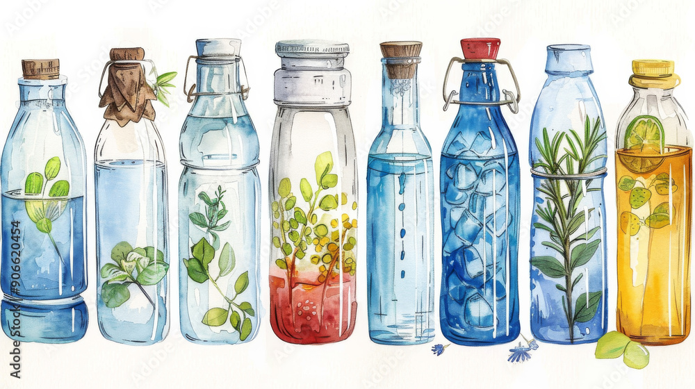 A row of water bottles with different colored liquids inside A row of water bottles with different colored liquids inside