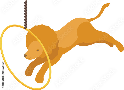Trained circus lion is jumping through a golden ring held by a trainer