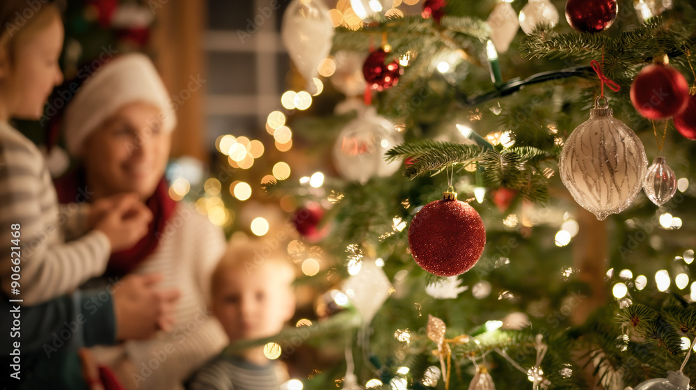 A family is enjoying decorating a Christmas tree in their living A family is enjoying decorating a Christmas tree in their living