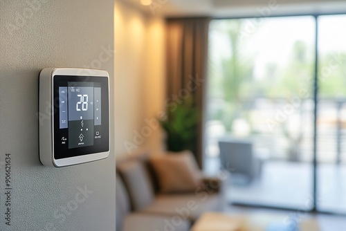 Close-up of a digital display panel on an air conditioner, showing the current temperature settings in a living room with a small family. 