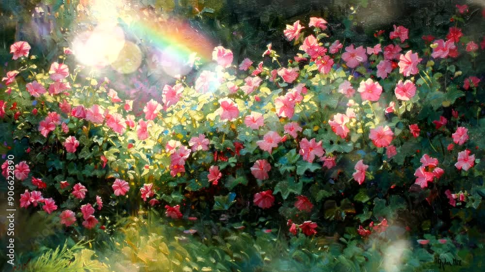 Sunlit garden with pink flowers and a rainbow effect. Sunlit garden with pink flowers and a rainbow effect.