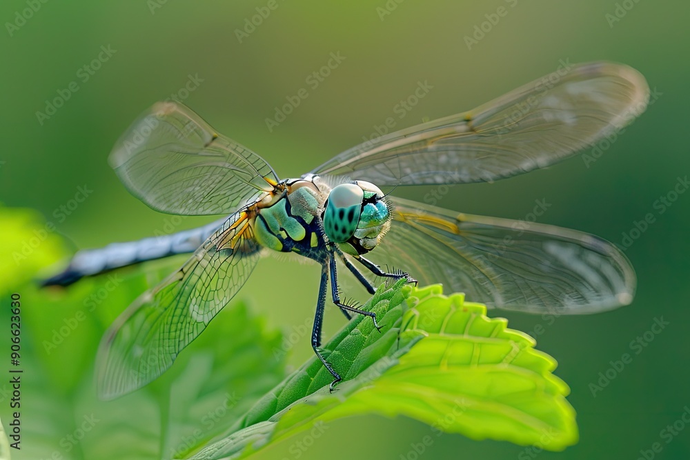 A dragonfly is perched on a leaf. The dragonfly is green and has a black head A dragonfly is perched on a leaf. The dragonfly is green and has a black head