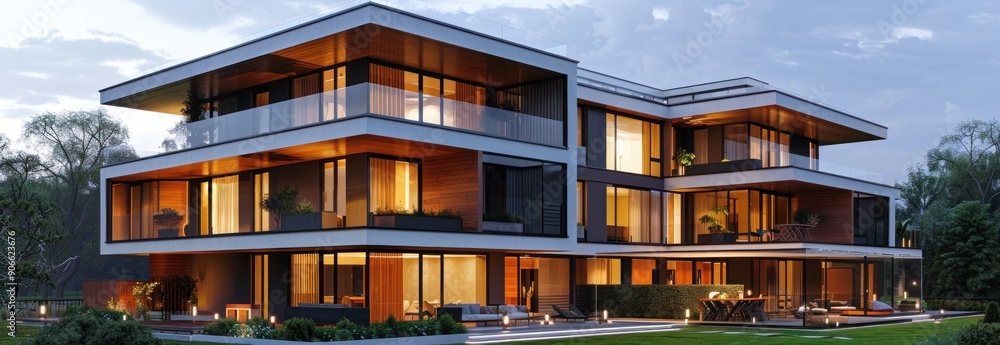 Modern House with Illuminated Windows at Dusk Modern House with Illuminated Windows at Dusk