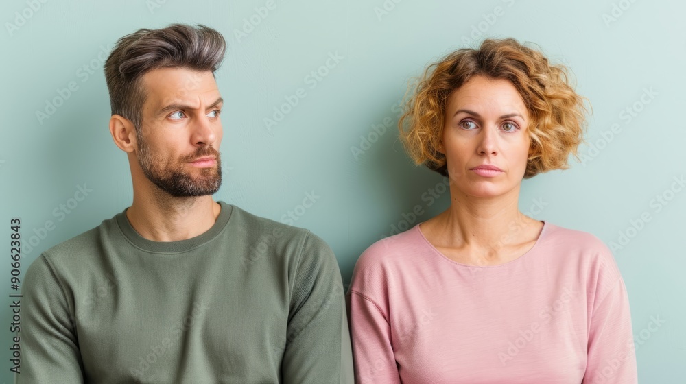 A man and woman facing away from each other, showing tension and conflict in their expressions against a soft green background. A man and woman facing away from each other, showing tension and conflict in their expressions against a soft green background.