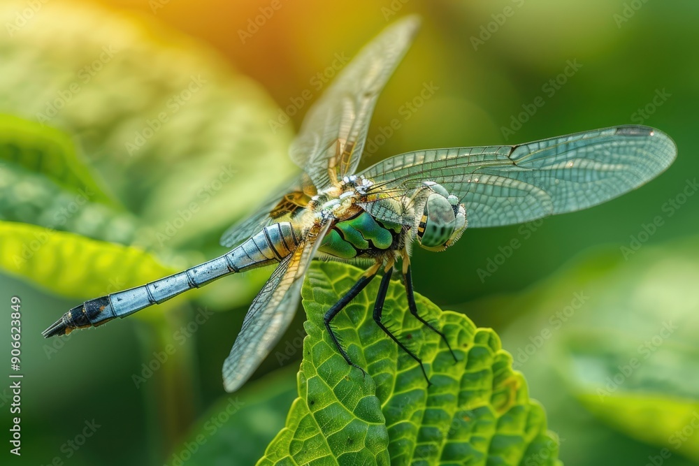 A dragonfly is perched on a leaf. The dragonfly is green and has a long body A dragonfly is perched on a leaf. The dragonfly is green and has a long body