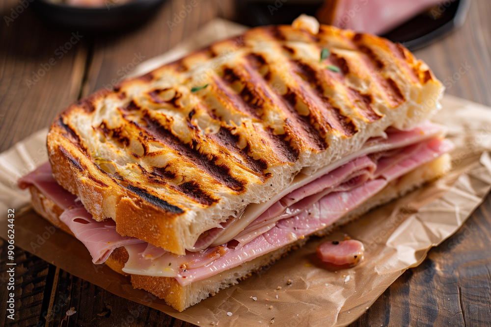 Double panini baked with ham and cheese served on a wooden table Double panini baked with ham and cheese served on a wooden table