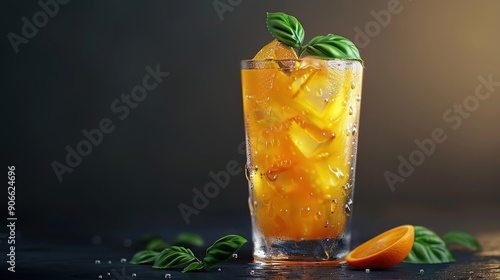 Refreshing Iced Orange Drink with Basil Garnish