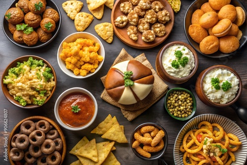 Selection of party food for watching football championship on a dark background, top view. Super Bowl.