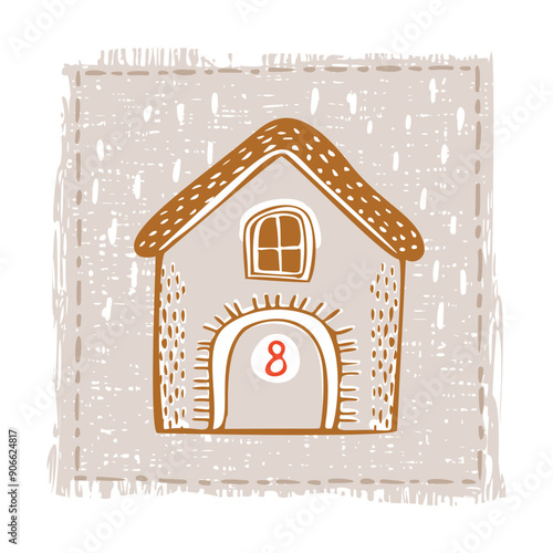 Whimsical Advent Calendar cottage door with numbers for december festive Christmas countdown . Winter holiday social media promotion campaign festive sales and cute hand drawn festive home card design